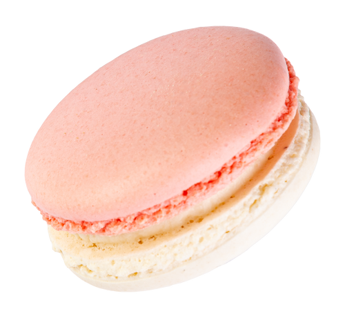 A single strawberry shortcake flavored macaron